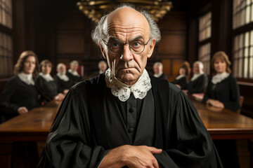 Serious image of an elderly judge looking at the camera with his robe, very serene