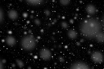 Falling snow on a black background. Snowfall, dust or fluff concept. Template for copy and paste. Illustration image. 3D rendering