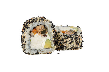Sushi roll on a white background with Philadelphia cheese, salmon and sprinkled with sesame seeds.