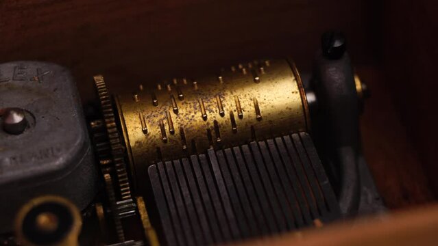 Music Box Mechanism, Macro Close Up. Playing Melody on Antique Device