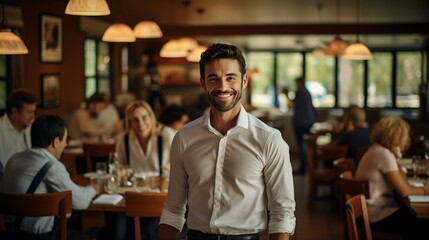 Confident male professional standing in a busy restaurant - obrazy, fototapety, plakaty