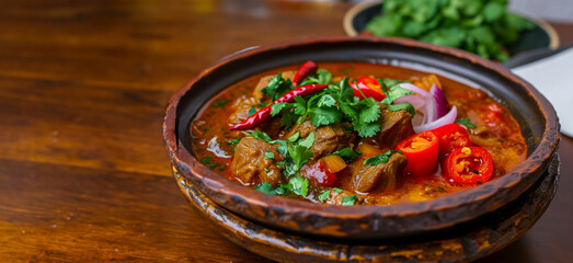 Traditional Georgian veal dish - Chashushuli, stewed meat with onions and peppers on a wooden table with copy space, idea for menu design or food blog