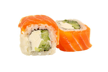 Sushi closeup isolated on white background. Sushi roll with red fish, trout, rice, Philadelphia cheese and cucumber. Japanese restaurant menu.