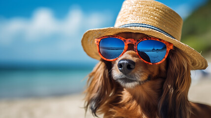  dog with sunglasses sunbathing on beach