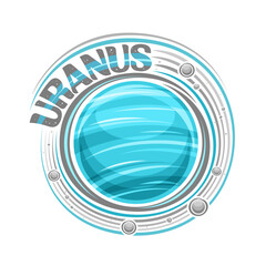 Vector logo for Uranus, decorative cosmic print with rotating planet uranus and many moons, gas windy surface, blue cosmo sticker with unique brush lettering for gray text uranus on white background © mihmihmal
