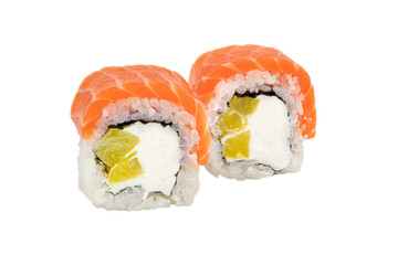 Sushi closeup isolated on white background. Sushi roll with red fish, trout, Philadelphia cheese and pineapple. Japanese restaurant menu.