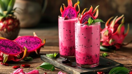  a couple of glasses filled with liquid next to a couple of pieces of fruit on top of a wooden table.