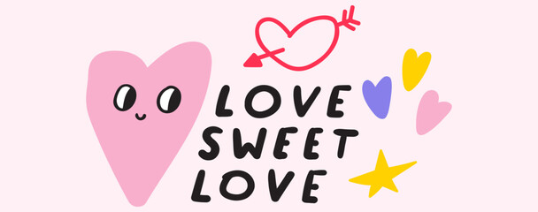 Love sweet love. Handwriting phrase. St. Valentine's day. Flat vector illustration on pink background.
