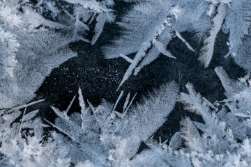 Frosty ground with hoarfrost ice flakes in winter. Frosty ground with hoarfrost ice flakes. Snow white flakes texture on black background as winter landscape