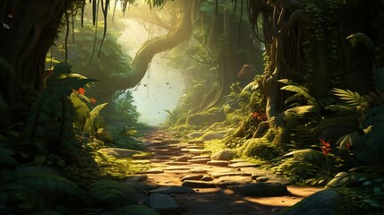 A jungle path leading through dense foliage, inspired by the Jungle Book, with sunlight filtering through the trees and creating a sense of adventure.