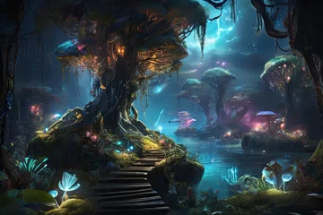 Foto op Plexiglas Enchanting Pandora night. Bioluminescent forest with glowing plants, creatures, woodsprites. Serene scene evoking an otherworldly landscape. © Amila Vector