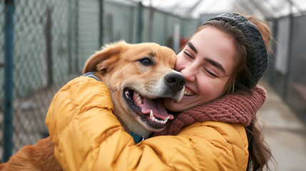A happy female help adopt a dog from dog rescue shelter. A dog is happy.
