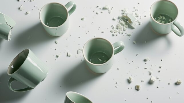  a white table topped with three cups filled with liquid and broken pieces of paper on top of each mugs.