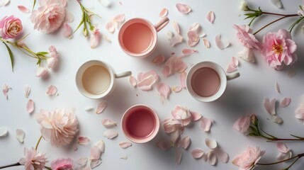  a group of three cups sitting next to each other on top of a white surface with pink flowers around them. - obrazy, fototapety, plakaty