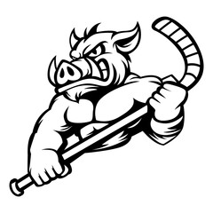 angry boar. hockey team logo. boar mascot, emblem of a boar on a white background. boar vector illustration. black-and-white version
