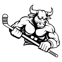 angry bull. hockey team logo. bull mascot, emblem of a bull on a white background. bull vector illustration. black-and-white version