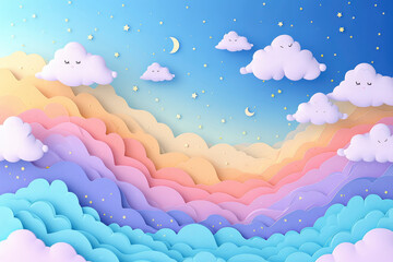 Fantasy Pastel Colorful Sky with Clouds and Stars Background in a paper cut and paste style