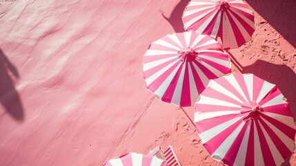  a group of pink and white striped umbrellas sitting on a pink wall next to a shadow of a person.