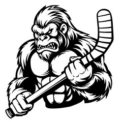 Angry Gorilla. hockey team logo. Gorilla mascot, emblem of a Gorilla on a white background. Gorilla vector illustration. black-and-white version