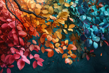Elegant colorful tree with vibrant leaves hanging branches illustration background.