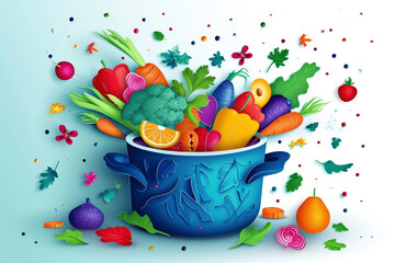 Obraz na płótnie Canvas Fresh vegetables fall into the pot vector paper cut layered style illustration. Cooking, healthy food,