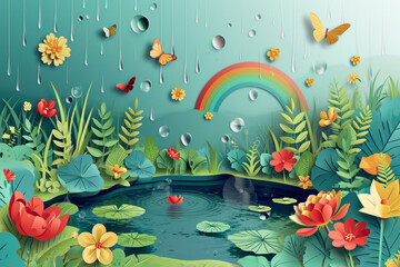 wonderful pond in the rainy season. natural garden design with water splash, rain, rainbow, flowers, plants, grass, butterflies,