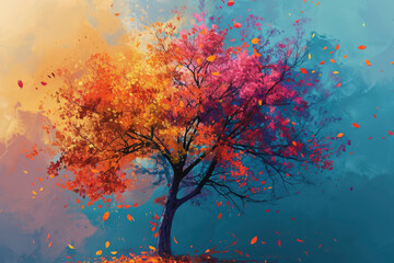 Obraz na płótnie Canvas Elegant colorful tree with vibrant leaves hanging branches illustration background.