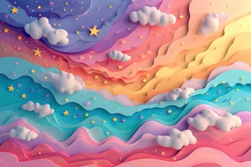 Foto op Canvas Kawaii Fantasy Pastel Colorful Sky with Clouds and Stars Background in a paper cut © surassawadee