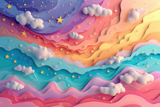 Fototapeta Kawaii Fantasy Pastel Colorful Sky with Clouds and Stars Background in a paper cut