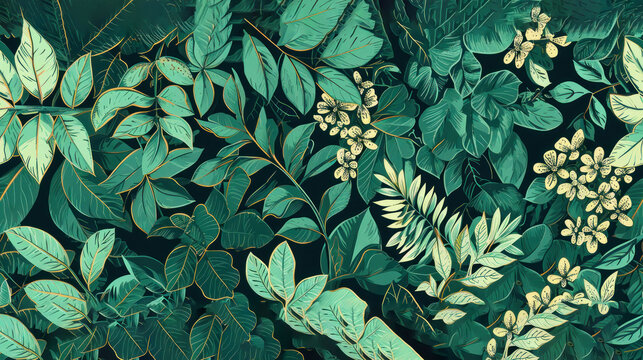  a close up of a green and gold wallpaper with leaves and flowers on a black background with a gold border.