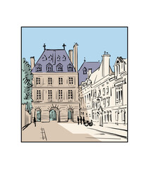 Street view of the old town in France, Europe, vector drawing. 