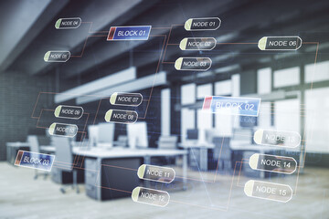 Multi exposure of abstract graphic coding sketch on a modern furnished classroom background, big data and networking concept