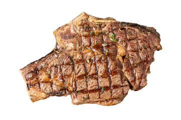 Top view of Grilled tomahawk steak on white background