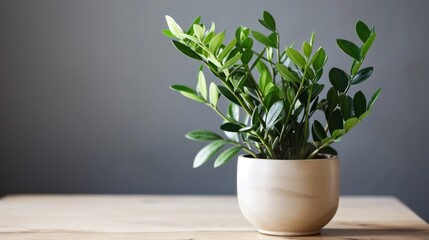  a close up of a potted plant on a table with a gray wall in the backgrounnd.