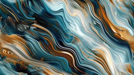  a close up of a blue, gold, and white marbled wallpaper with a pattern of wavy lines.