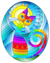 Fototapeta premium Illustration in stained glass style with abstract geometric cat and the sun on an abstract blue background, oval image