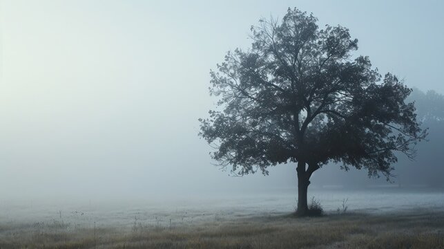  a foggy field with a lone tree in the foreground and a field of dry grass in the foreground.