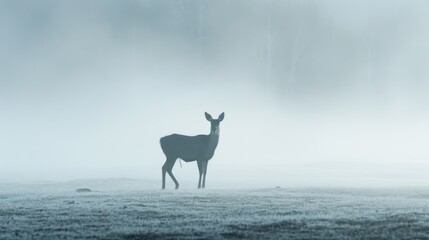 Obraz na płótnie Canvas a deer standing in the middle of a field in the middle of a foggy day with trees in the background.
