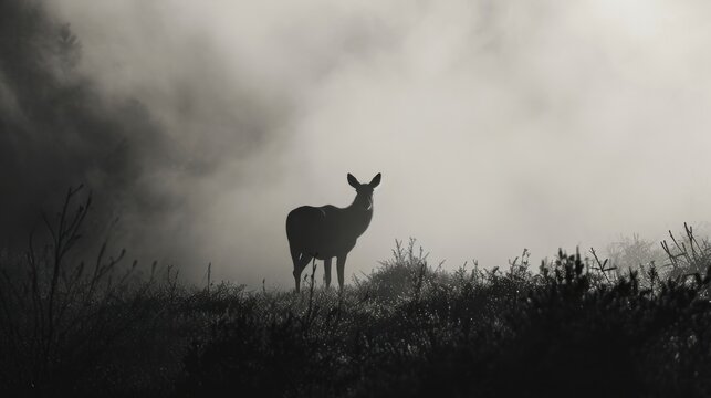  a black and white photo of a deer standing in a foggy field with its head turned to the side.