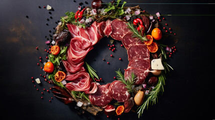 Food collage. Set of different meat, veal, pork and chicken on a black background. Top view