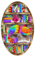 A stained glass illustration with a cute cartoon cat sleeping on bookshelves, oval image