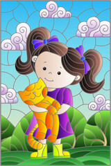 An illustration in the style of a stained glass window with a girl and cat against a cloudy sky