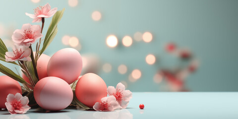 Fototapeta na wymiar Easter majestic banner with eggs, flowers and place for text over pastel green background.