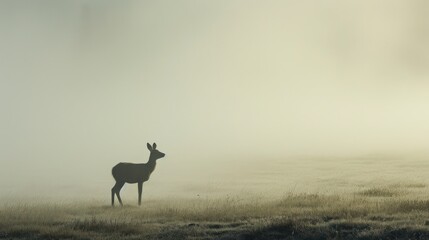  a deer standing in the middle of a field on a foggy day with the sun shining through the fog.