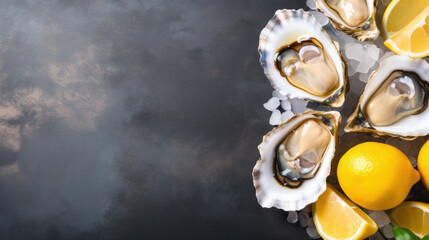 Oysters on grey background with lemon - obrazy, fototapety, plakaty