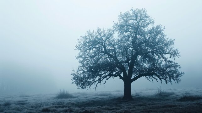  a lone tree in the middle of a foggy field with a few birds hanging from it's branches.