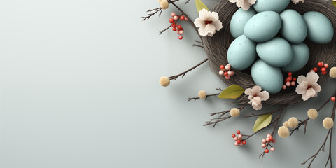 Easter banner with eggs in nest, flowers, twigs and place for text over pastel background.