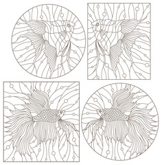 Set contour illustrations in the stained glass style aquarium fish fish cock and scalars , dark contours on white background