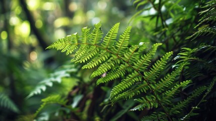  a close up of a green plant with lots of leaves in the foreground and a blurry background of trees in the background.