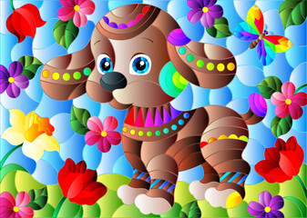 Fototapeta premium An illustration in the style of a stained glass window with a cute puppy on a background of sky, meadows and flowers